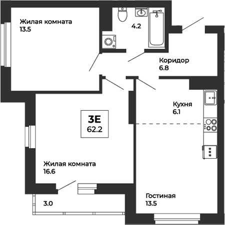 Планировка — Белая Башня, 3-комн., 61 м²