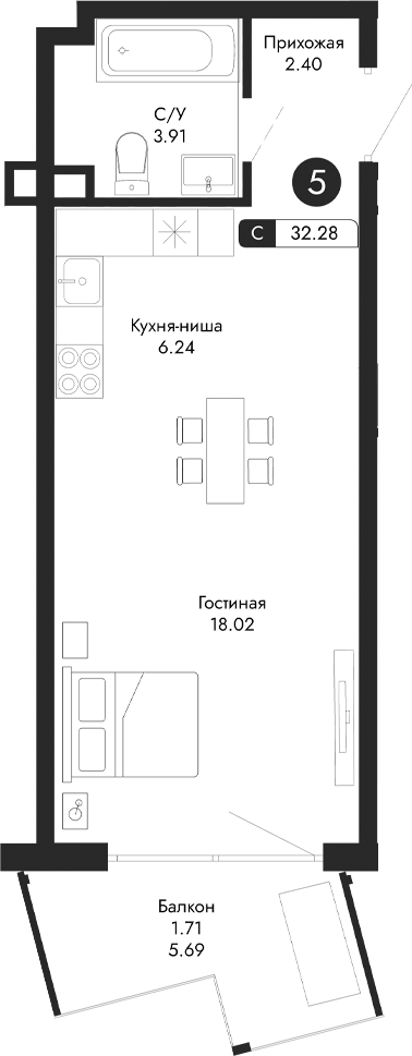 Планировка — Парковая Резиденция, Студия, 31 м²