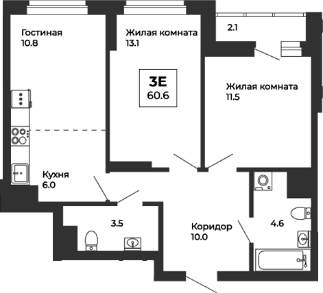 Планировка — Белая Башня, 3-комн., 60 м²