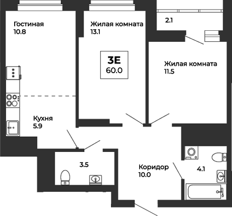 Планировка — Белая Башня, 3-комн., 59 м²