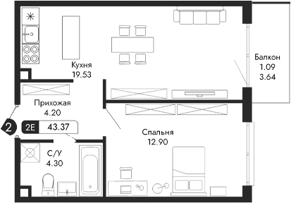 Планировка — Парковая Резиденция, 2-комн., 41 м²