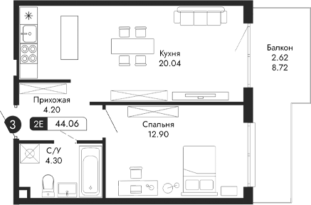 Планировка — Парковая Резиденция, 2-комн., 41 м²