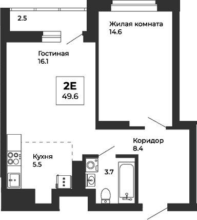 Планировка — Белая Башня, 2-комн., 48 м²