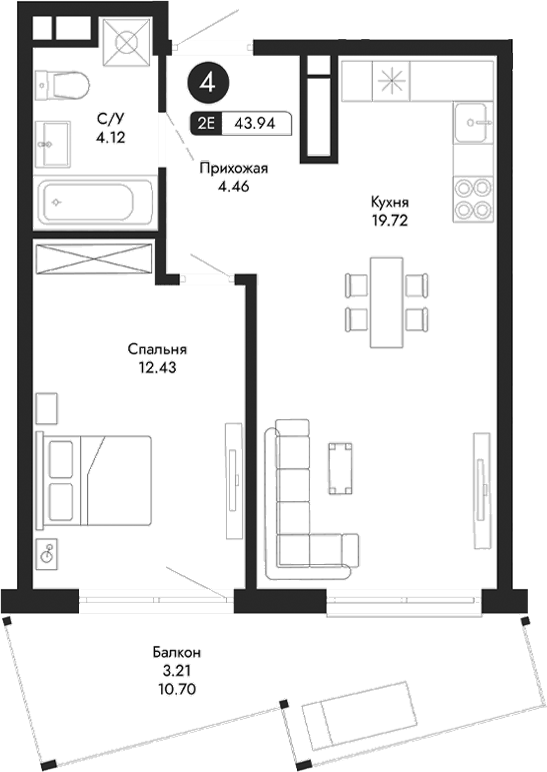 Планировка — Парковая Резиденция, 2-комн., 41 м²
