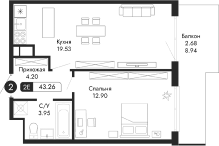 Планировка — Парковая Резиденция, 2-комн., 41 м²