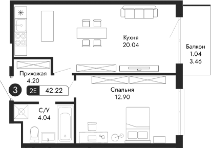Планировка — Парковая Резиденция, 2-комн., 41 м²