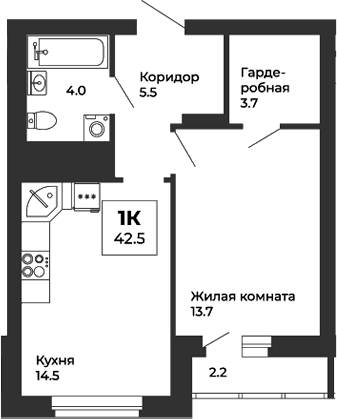 Планировка — Белая Башня, 1-комн., 41 м²