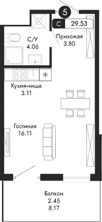 Планировка — Парковая Резиденция, Студия, 27 м²