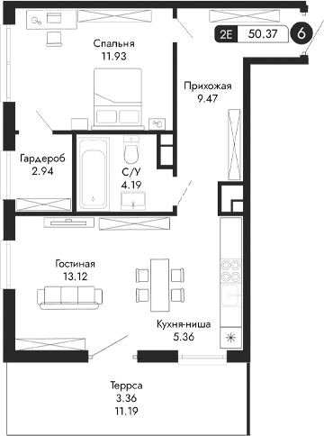 Планировка — Парковая Резиденция, 2-комн., 47 м²