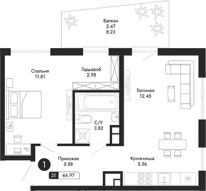 Планировка — Парковая Резиденция, 2-комн., 43 м²
