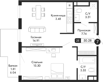 Планировка — Парковая Резиденция, 2-комн., 48 м²