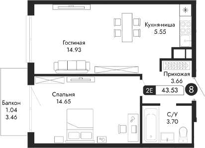 Планировка — Парковая Резиденция, 2-комн., 42 м²