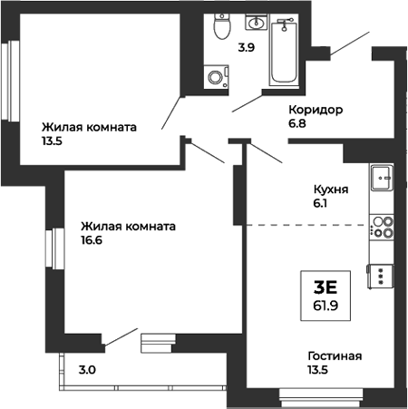 Планировка — Белая Башня, 3-комн., 60 м²