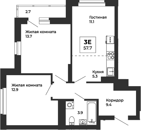 Планировка — Белая Башня, 3-комн., 56 м²