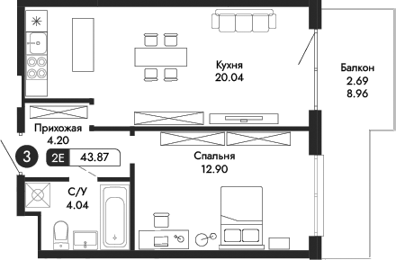 Планировка — Парковая Резиденция, 2-комн., 41 м²
