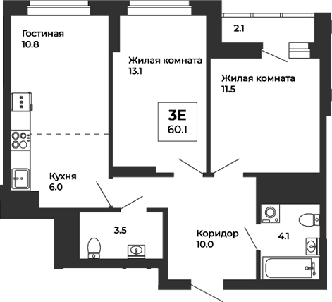 Планировка — Белая Башня, 3-комн., 59 м²