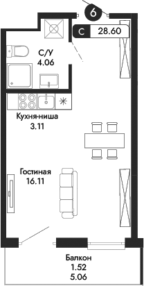 Планировка — Парковая Резиденция, Студия, 27 м²
