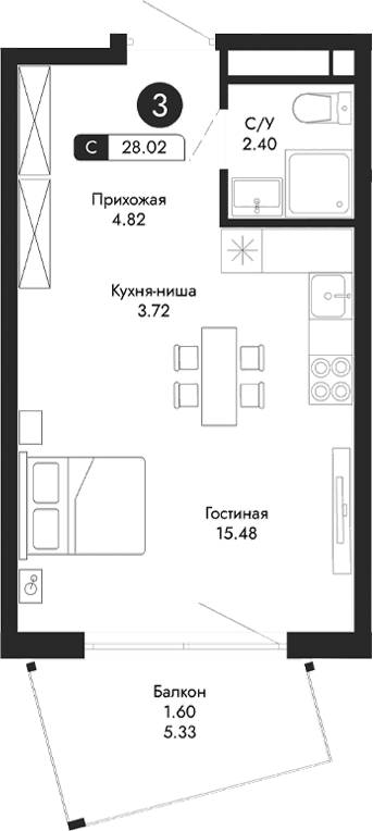 Планировка — Парковая Резиденция, Студия, 26 м²