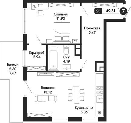 Планировка — Парковая Резиденция, 2-комн., 47 м²
