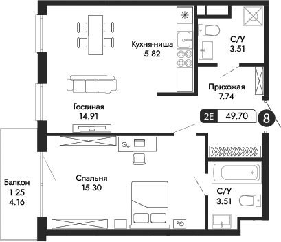 Планировка — Парковая Резиденция, 2-комн., 48 м²