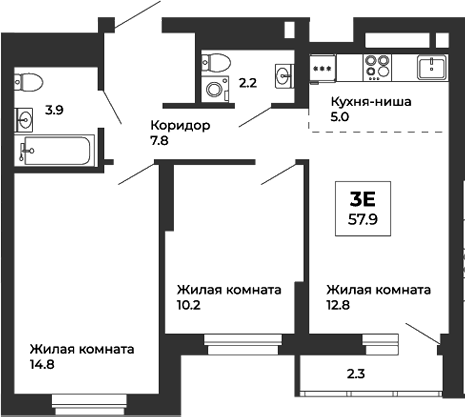Планировка — Белая Башня, 3-комн., 57 м²