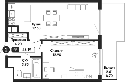 Планировка — Парковая Резиденция, 2-комн., 41 м²