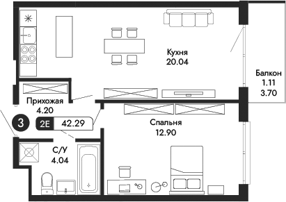 Планировка — Парковая Резиденция, 2-комн., 41 м²