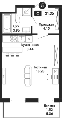 Планировка — Парковая Резиденция, Студия, 30 м²