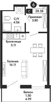 Планировка — Парковая Резиденция, Студия, 27 м²