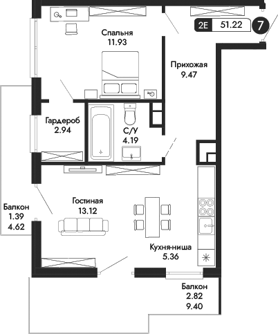 Планировка — Парковая Резиденция, 2-комн., 47 м²