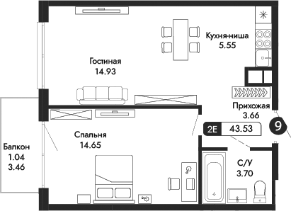 Планировка — Парковая Резиденция, 2-комн., 42 м²