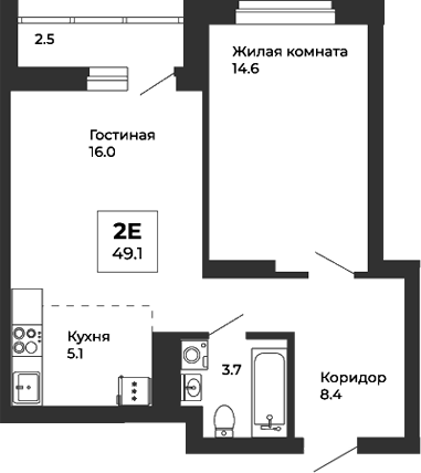 Планировка — Белая Башня, 2-комн., 48 м²