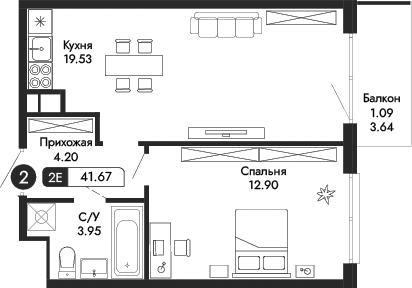 Планировка — Парковая Резиденция, 2-комн., 41 м²