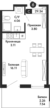 Планировка — Парковая Резиденция, Студия, 27 м²