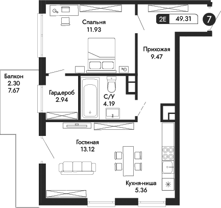 Планировка — Парковая Резиденция, 2-комн., 47 м²