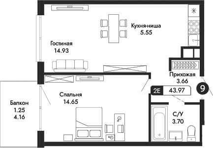 Планировка — Парковая Резиденция, 2-комн., 43 м²