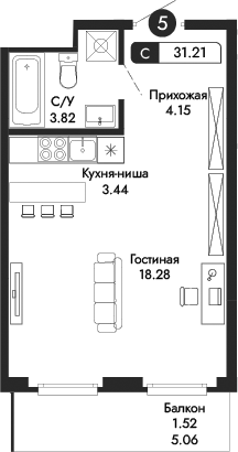 Планировка — Парковая Резиденция, Студия, 30 м²