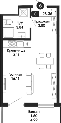 Планировка — Парковая Резиденция, Студия, 27 м²