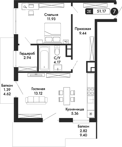 Планировка — Парковая Резиденция, 2-комн., 47 м²