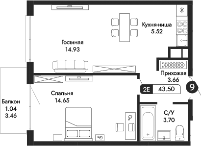 Планировка — Парковая Резиденция, 2-комн., 42 м²
