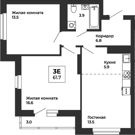 Планировка — Белая Башня, 3-комн., 60 м²