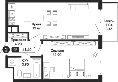Планировка — Парковая Резиденция, 2-комн., 41 м²
