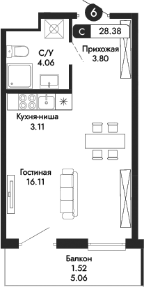 Планировка — Парковая Резиденция, Студия, 27 м²