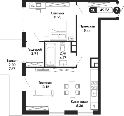 Планировка — Парковая Резиденция, 2-комн., 47 м²