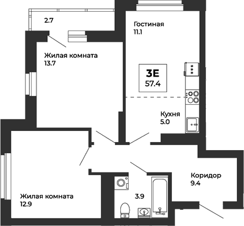 Планировка — Белая Башня, 3-комн., 56 м²