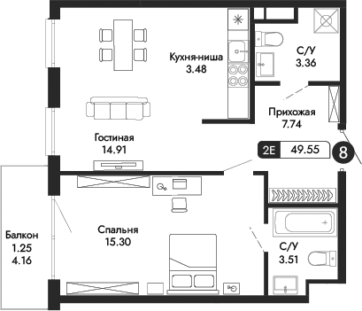 Планировка — Парковая Резиденция, 2-комн., 48 м²