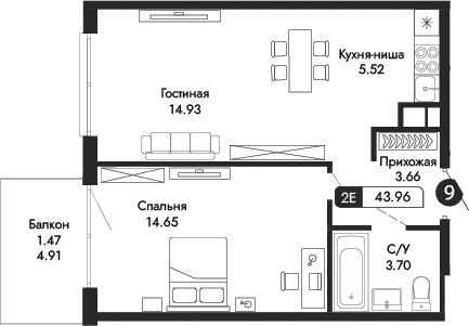 Планировка — Парковая Резиденция, 2-комн., 42 м²