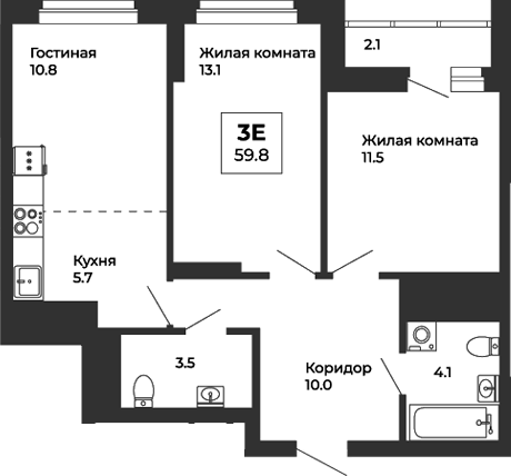 Планировка — Белая Башня, 3-комн., 59 м²