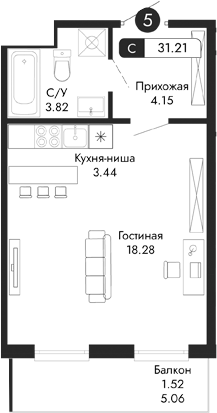 Планировка — Парковая Резиденция, Студия, 30 м²