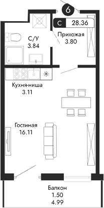 Планировка — Парковая Резиденция, Студия, 27 м²